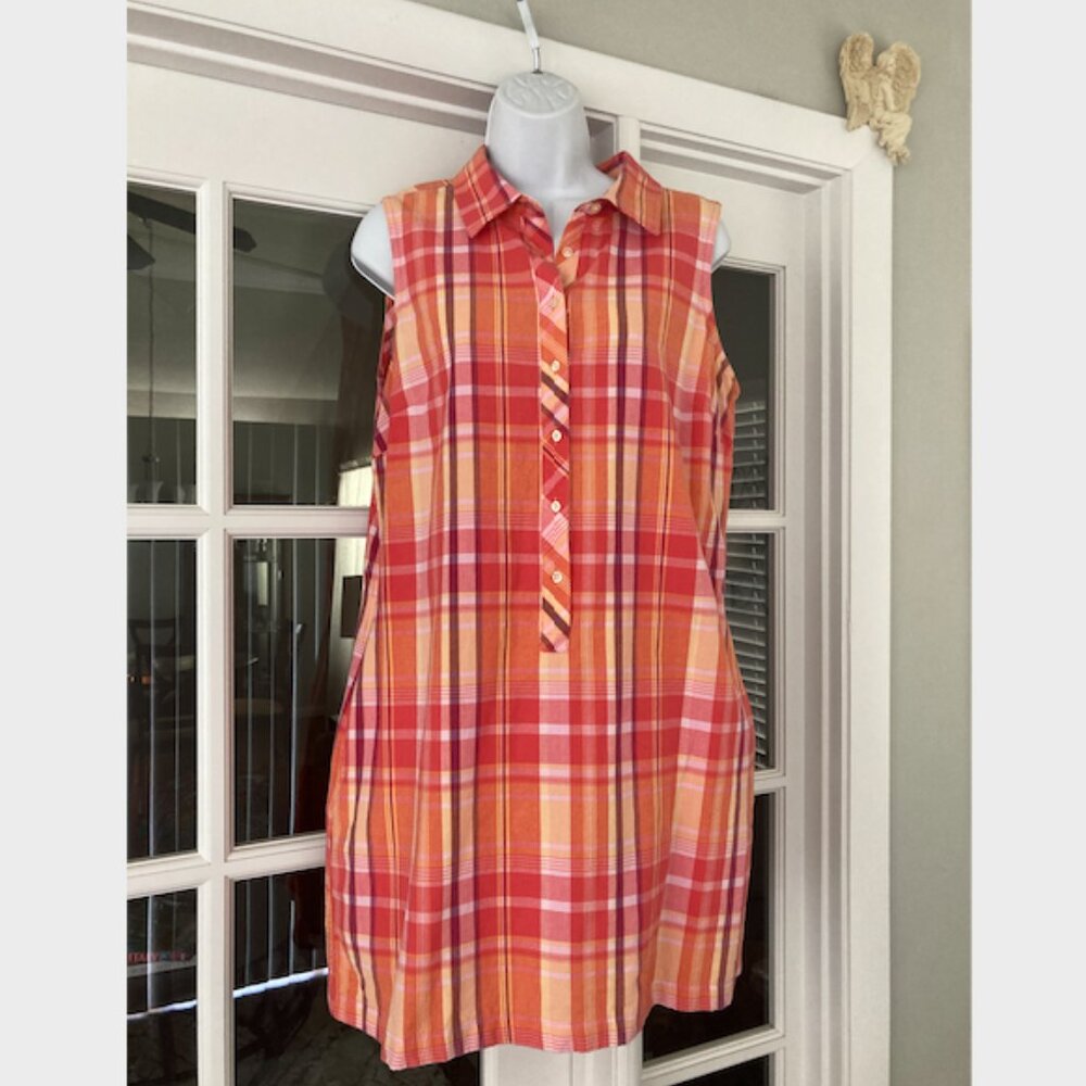 Talbots Petites Coral Peach Plain Sleeveless Button Down Shirt Dress 12P